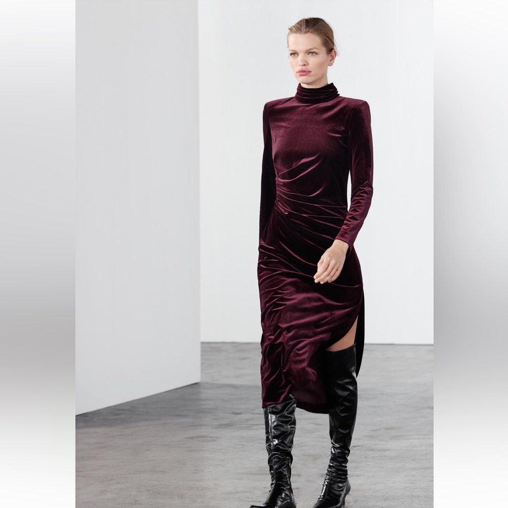 Zara woman draped burgundy velvet dress.